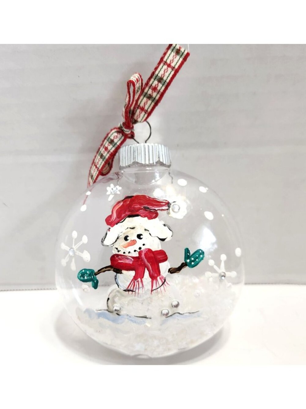 Hand Painted Snowman Ornament with Snow Clear Christmas Holiday Tree Decor